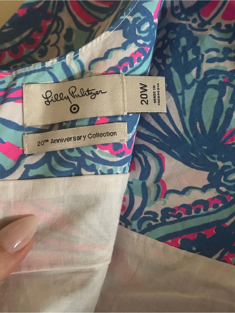 Lilly Pulitzer Blue Pink Shell-Print Mini Dress with White Lace Trim - Picture 4 of 4